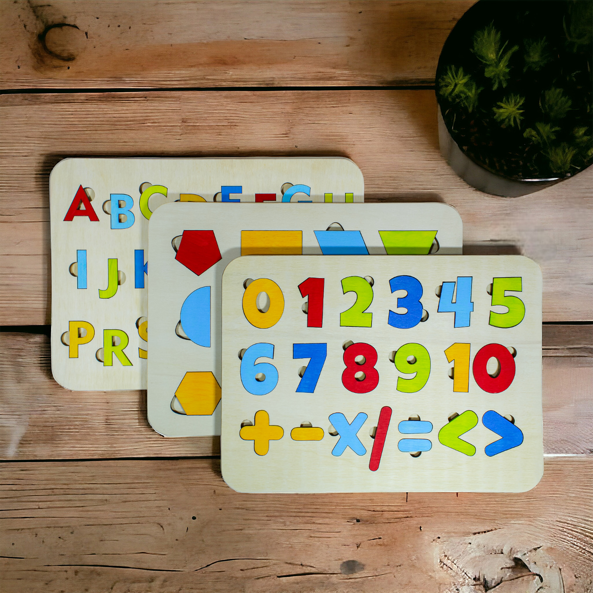 Ahşap 3’lu Eğitici Öğretici Set Yapboz Puzzle Bultak Çocuk Oyuncağı, Alfabe, Rakam, Şekil