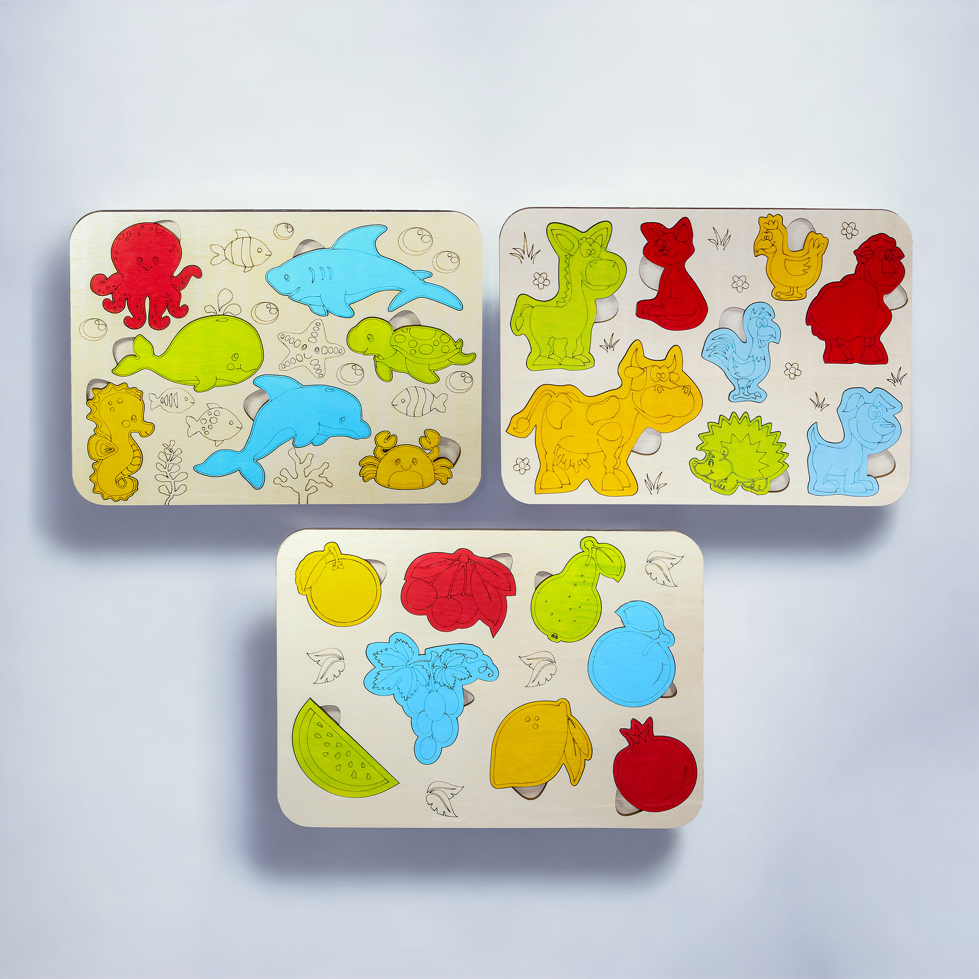 Ahşap 3’lu Eğitici Öğretici Set Yapboz Puzzle Bultak Çocuk Oyuncağı, Hayvan, Meyve, Deniz
