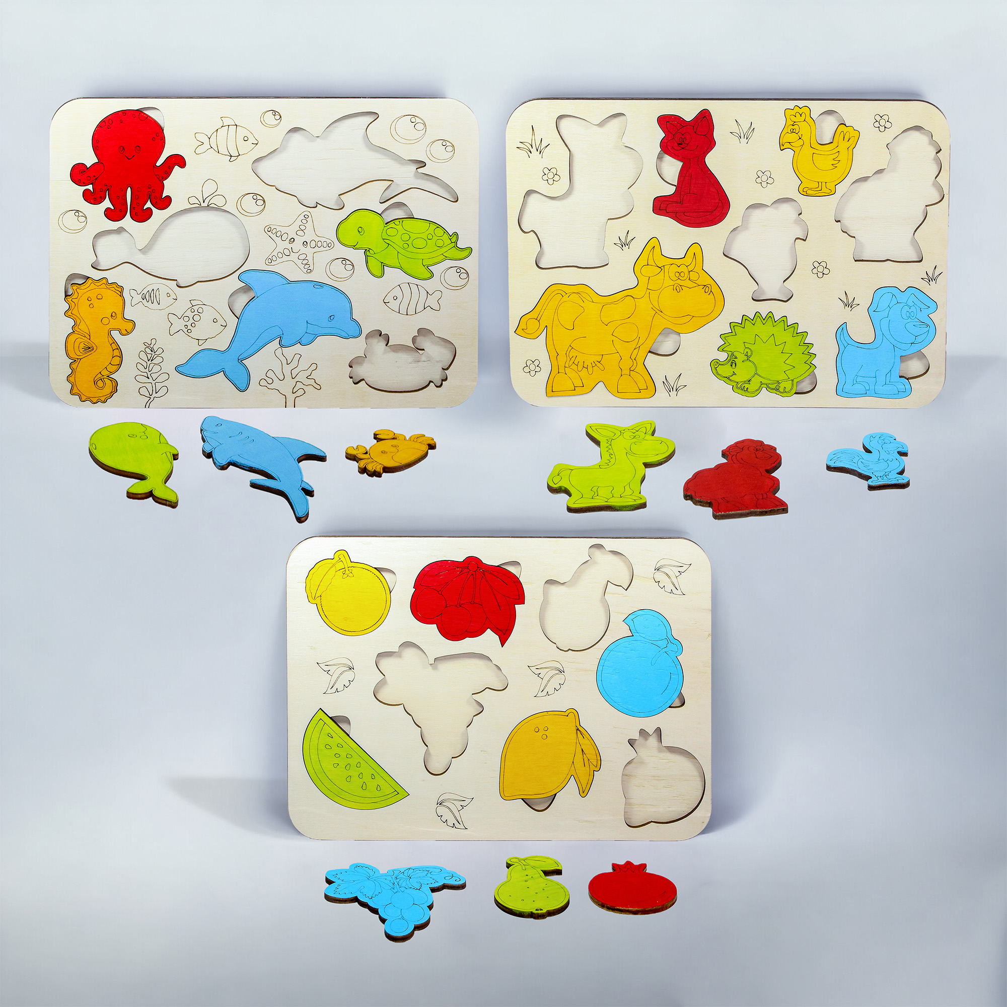 Ahşap 3’lu Eğitici Öğretici Set Yapboz Puzzle Bultak Çocuk Oyuncağı, Hayvan, Meyve, Deniz