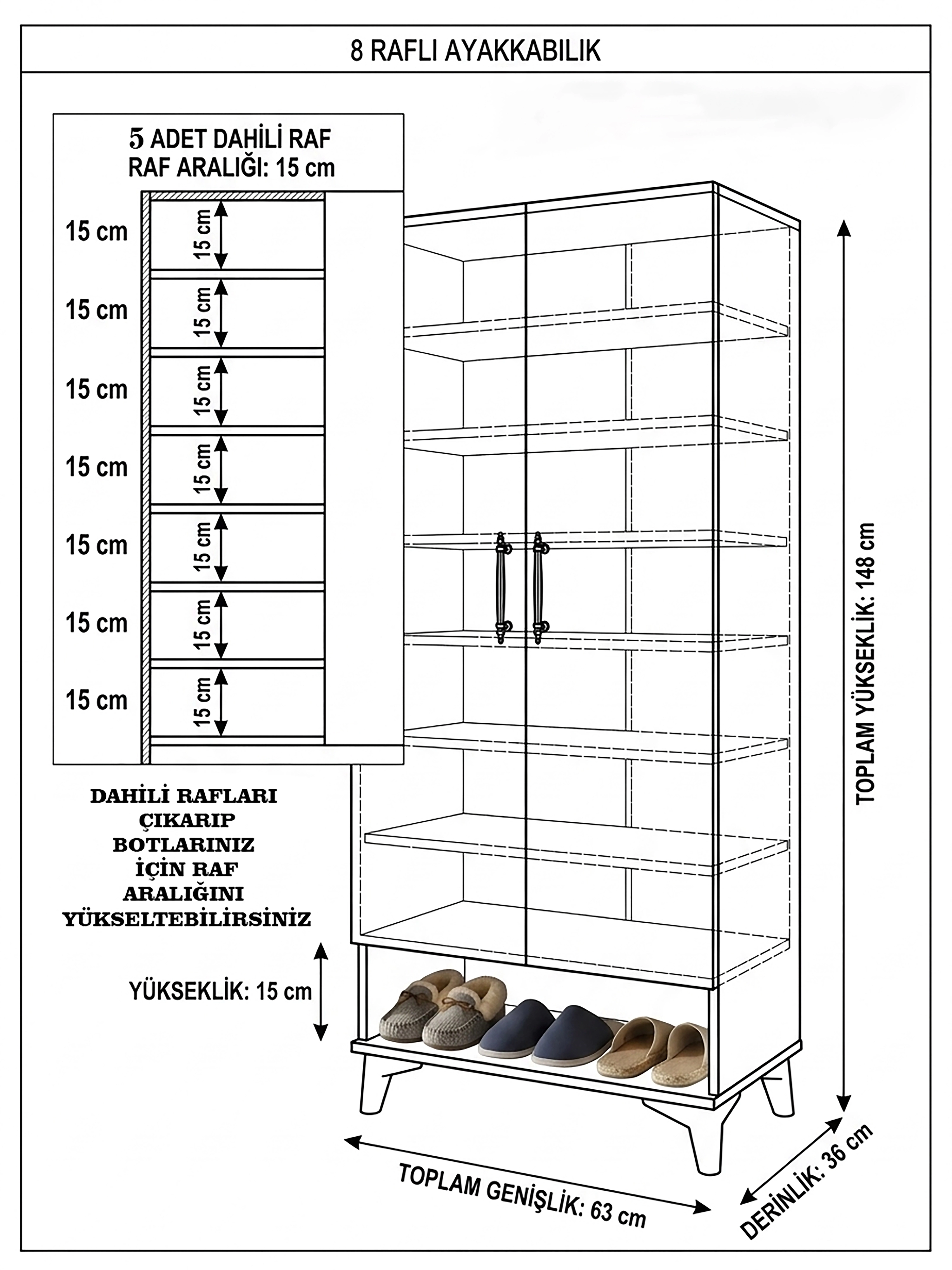 Ayakkabılık, 8 Raflı 2 Kapaklı Beyaz Ayakkabılık, 24 Çift Ayakkabı Kapasiteli, Çok Amaçlı Dolap, Ayaklı Dolap, Kiler, Erzak Dolabı