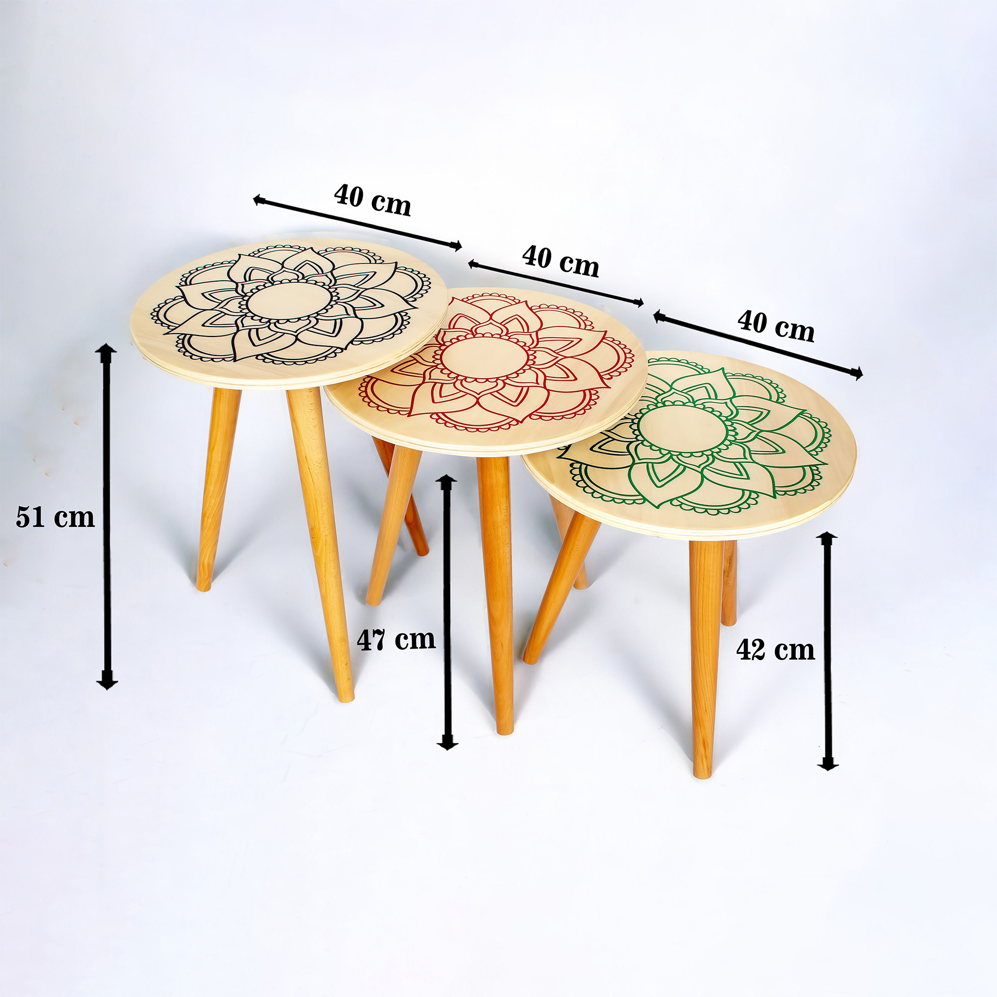 Üçlü Zigon Sehpa, Özel Baskılı Zigon Sehpa Seti, Ahşap Ayaklı Yuvarlak 40cm AsudeHome
