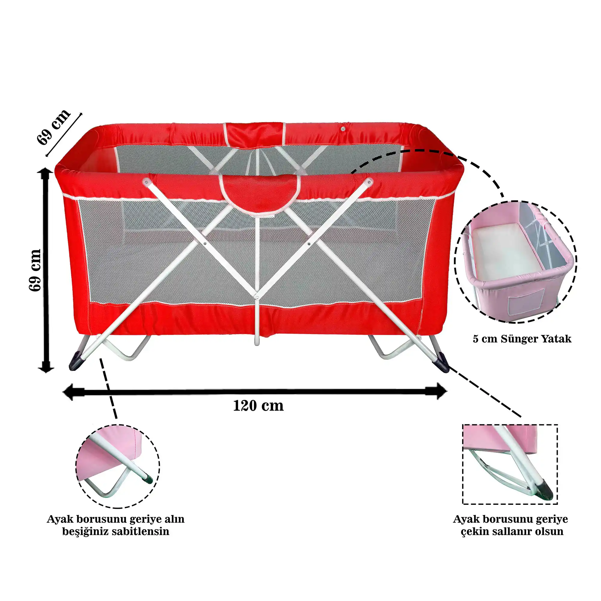 AsudeHome%20Katlanir%20Bebek%20Beşik-Sallanir%20Bebek%20Beşiği-Kırmızı%20Cibinliksiz