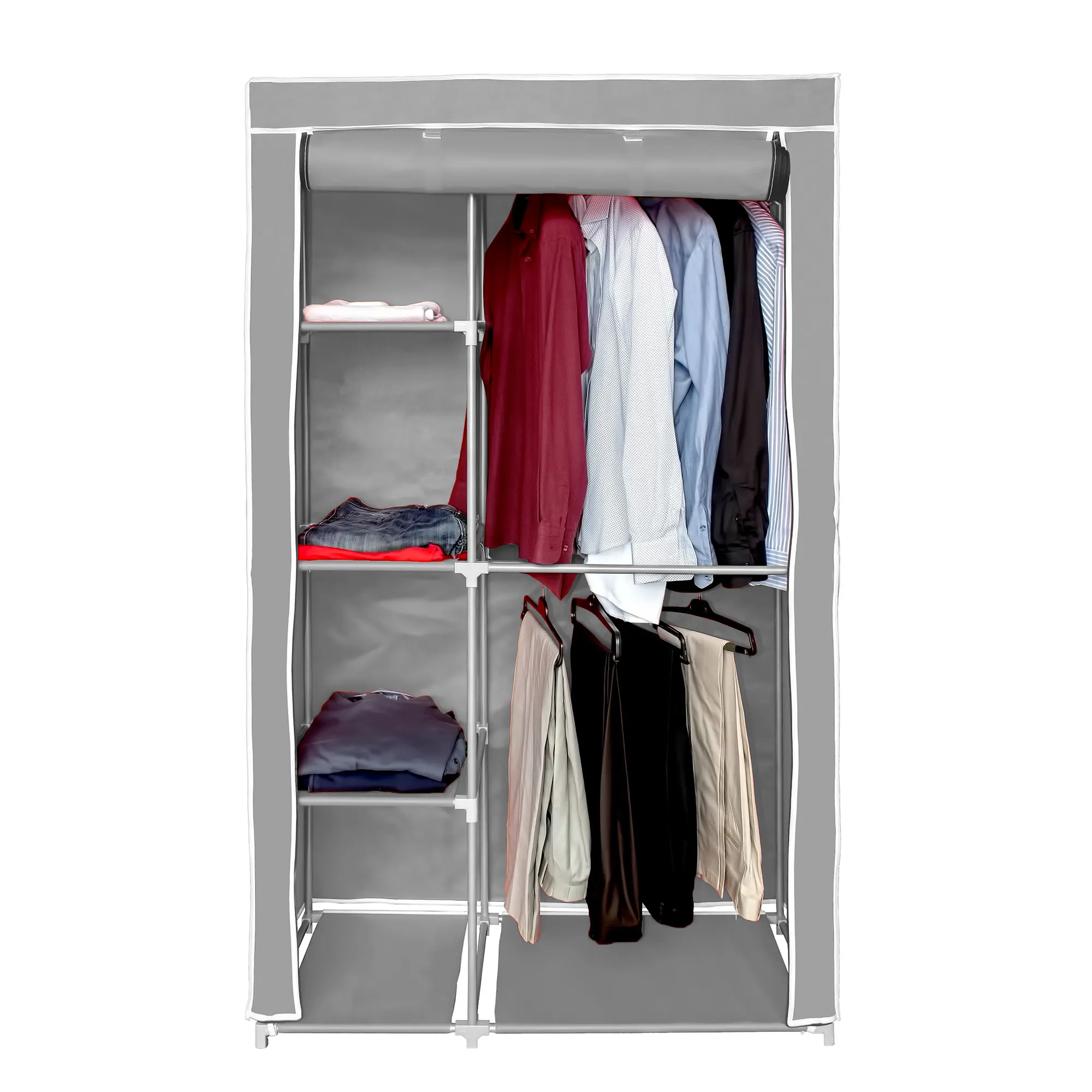 AsudeHome Bez Dolap-Dubleks Çift Askılı-Portatif Bez Dolap-Çelik Profilli-Gri