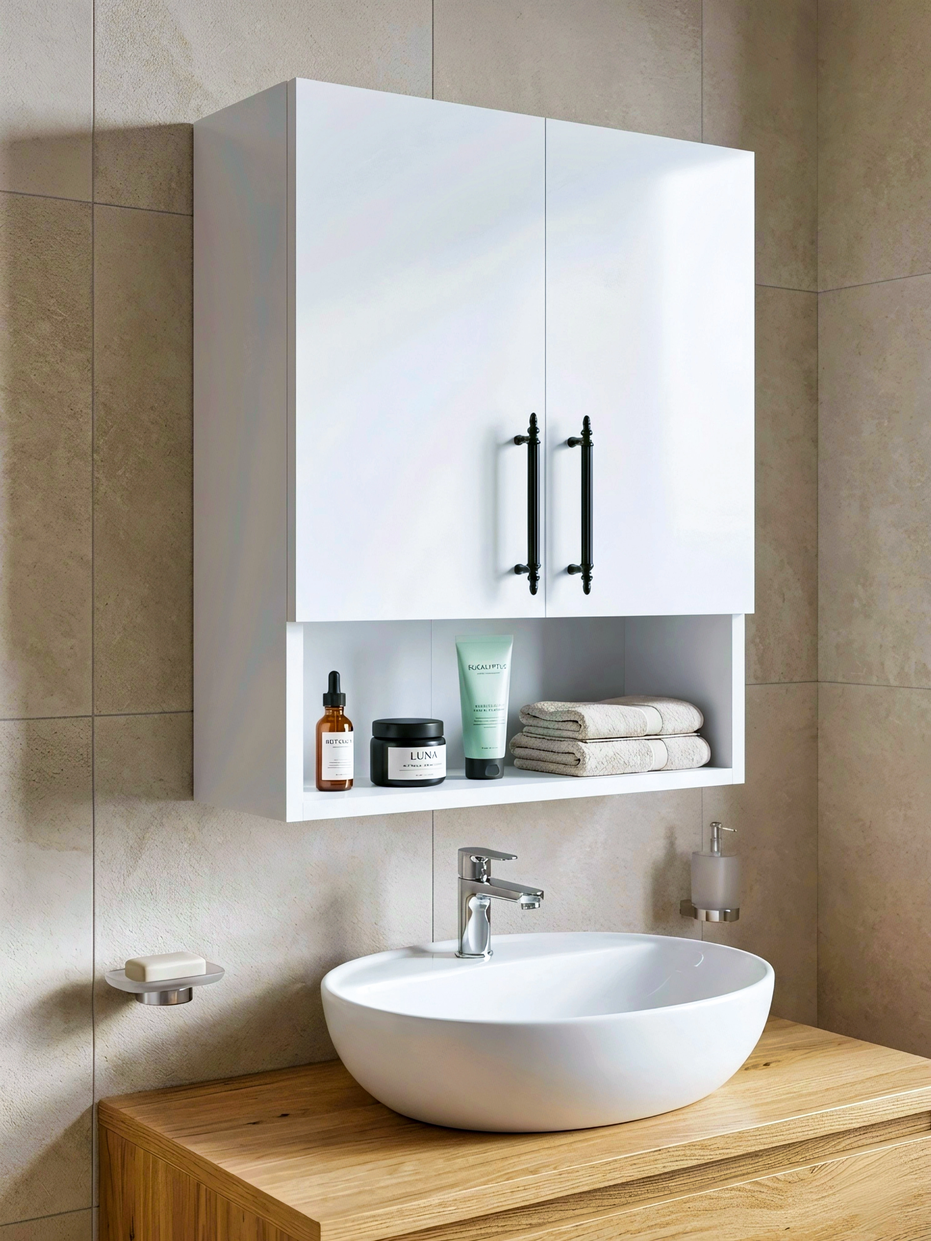 Çok Amaçlı Banyo Dolabı, Ecza Dolabı, 2 Kapaklı Dolap, Hol, Banyo, Ofis, Beyaz, AsudeHome