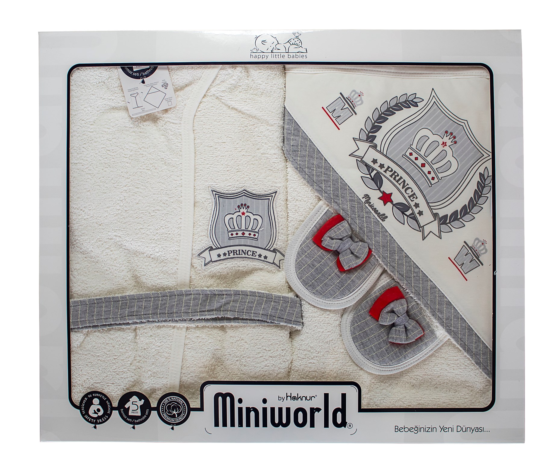 Miniworld Erkek Bebek Çizgili Papyonlu 5 li Havlu Bornoz Seti Gri