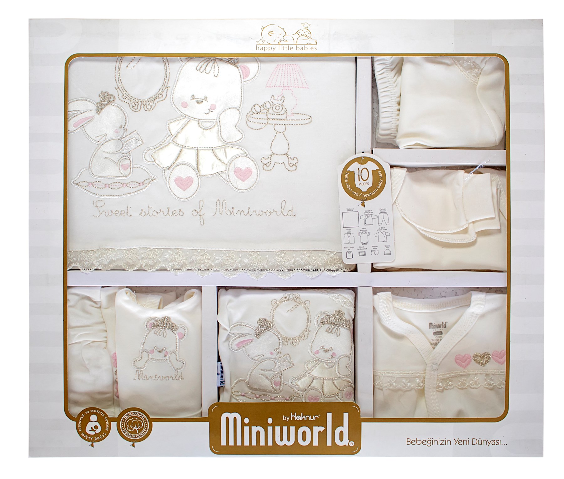 Miniworld Kız Kalpli Aynalı Ayıcık Nakışlı Yenidoğan 0-3 Ay 10 lu Hastane Çıkışı Zıbın Seti