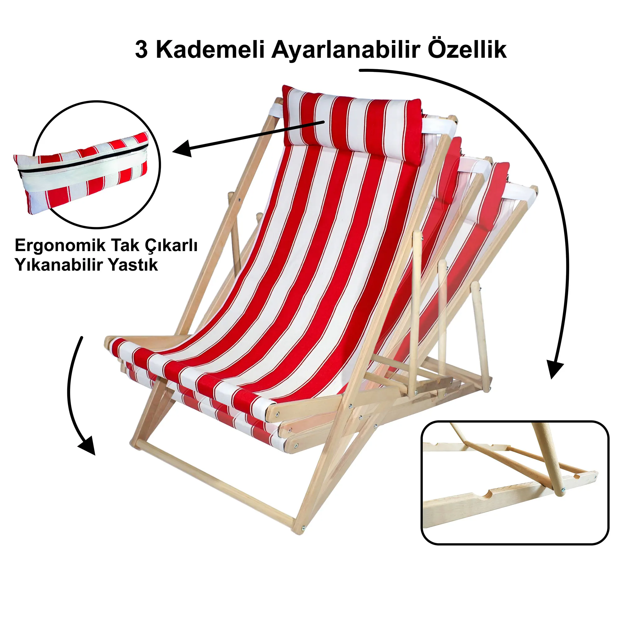 Ahşap Katlanır Şezlong Bahçe/balkon/teras/plaj 3 Kademe Ayarlı Balıkçı Tv Koltuğu Şezlong Kırmızı Asudehome