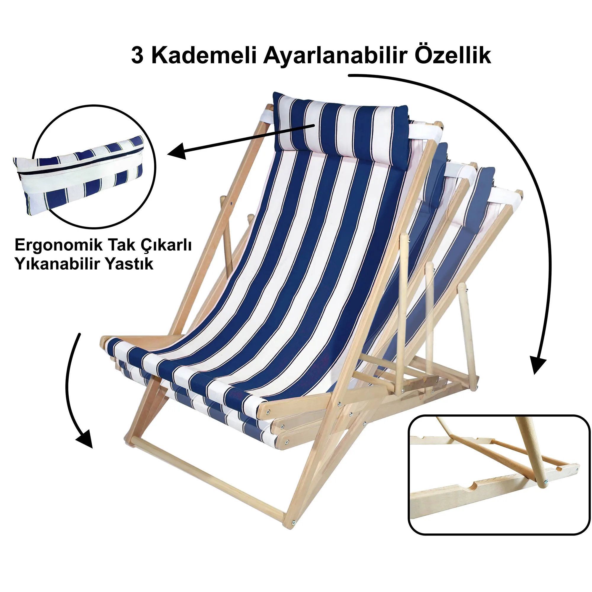 AsudeHome 10 Adet Toptan Ahşap Katlanır Şezlong Bahçe Balkon Plaj Şezlongu-Mavi