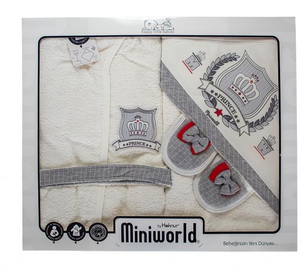 Miniworld Erkek Bebek Çizgili Papyonlu 5 li Havlu Bornoz Seti Gri
