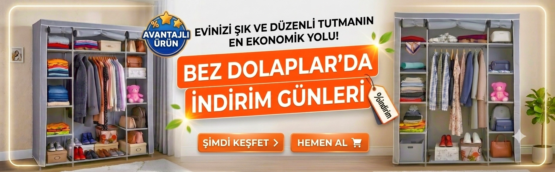 Bez Dolap Ruba Çift Yandan Raflı Portatif Gardırop
